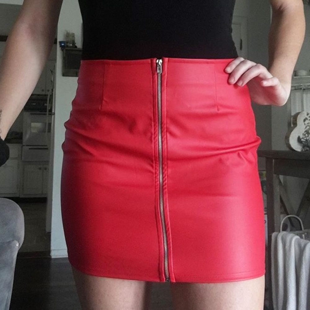 Faux red leather skirt